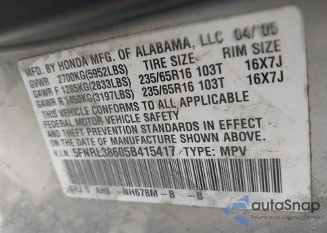 2005 Honda Odyssey Ex-L z USA, uszkodzony, nr VIN 5FNRL38605B415417